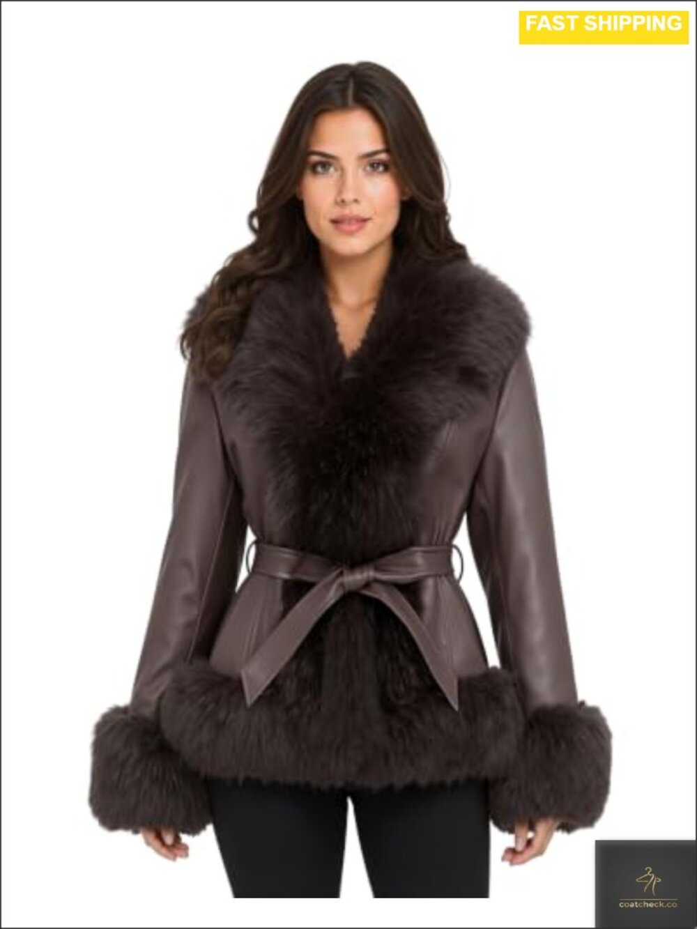 Vegan Leather Waist Length Jacket with Faux Fur Trim, Fleece Lined, Belted